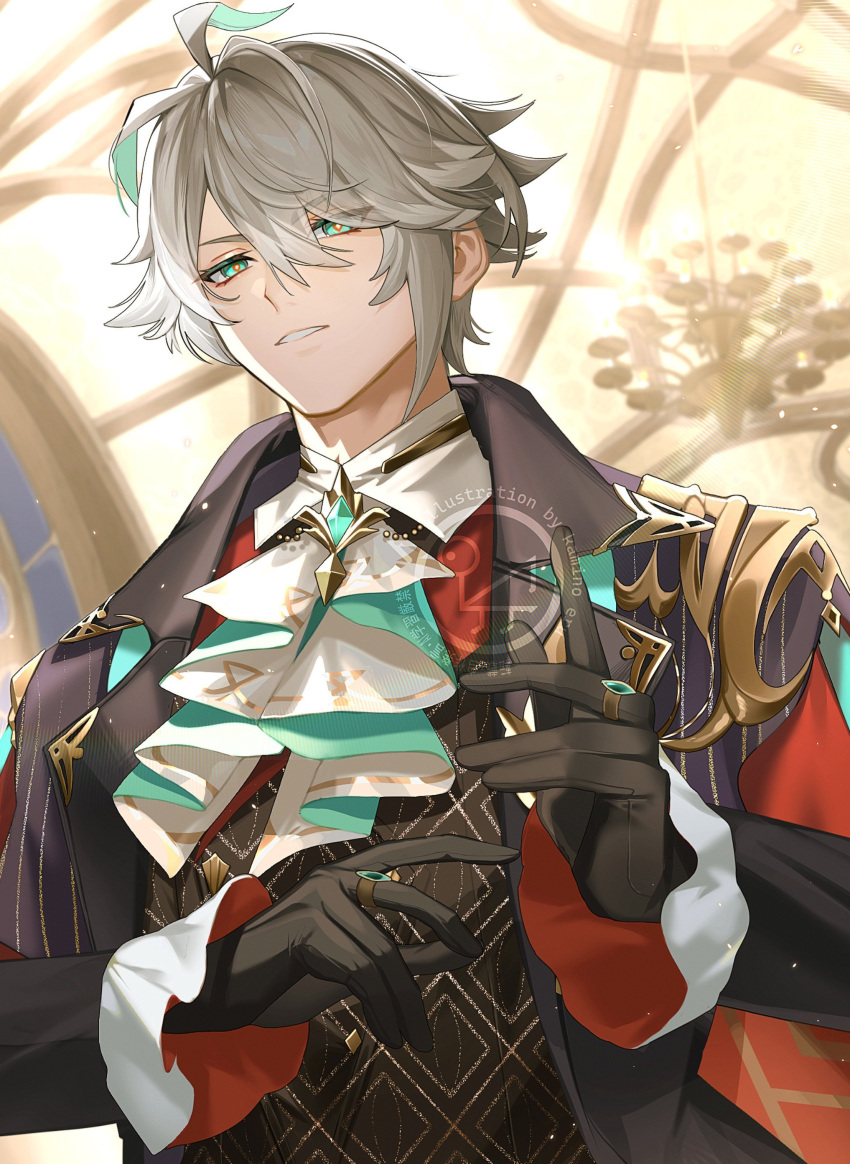 1boy, absurdres, alhaitham_(genshin_impact), alhaitham_(kfc)_(genshin_impact), antenna_hair, artist_name, ascot, black_coat, black_gloves, black_vest, blurry, blurry_background, brooch, chandelier, coat, commentary_request, frilled_sleeves, frills, gem, genshin_impact, gloves, green_eyes, green_gemstone, green_hair, grey_hair, hair_between_eyes, highres, indoors, jewelry, kamino_eru, lapels, light_particles, long_sleeves, looking_at_viewer, male_focus, multicolored_hair, official_alternate_costume, open_clothes, open_coat, parted_bangs, parted_lips, ring, shirt, short_hair, solo, vest, watermark, white_ascot, white_shirt