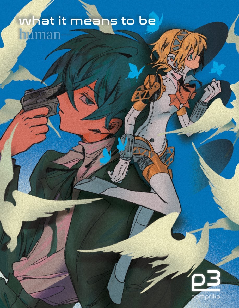 1boy, 1girl, aigis_(persona), android, animal, aqua_eyes, aqua_hair, bird