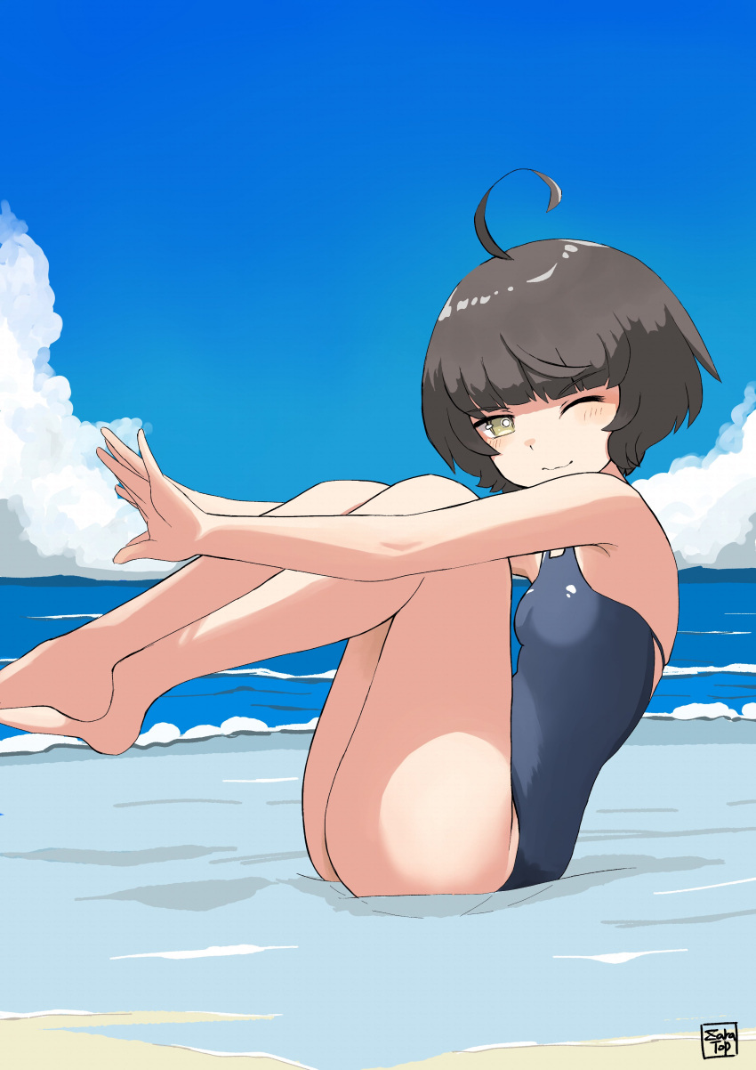 1girl, absurdres, ahoge, bare_legs, beach, blue_one-piece_swimsuit, blue_sky, blush