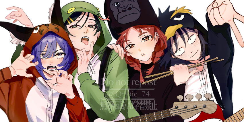 4girls, animal_costume, animal_hood, bass_guitar, black_hair, blush, braid, caracal_costume