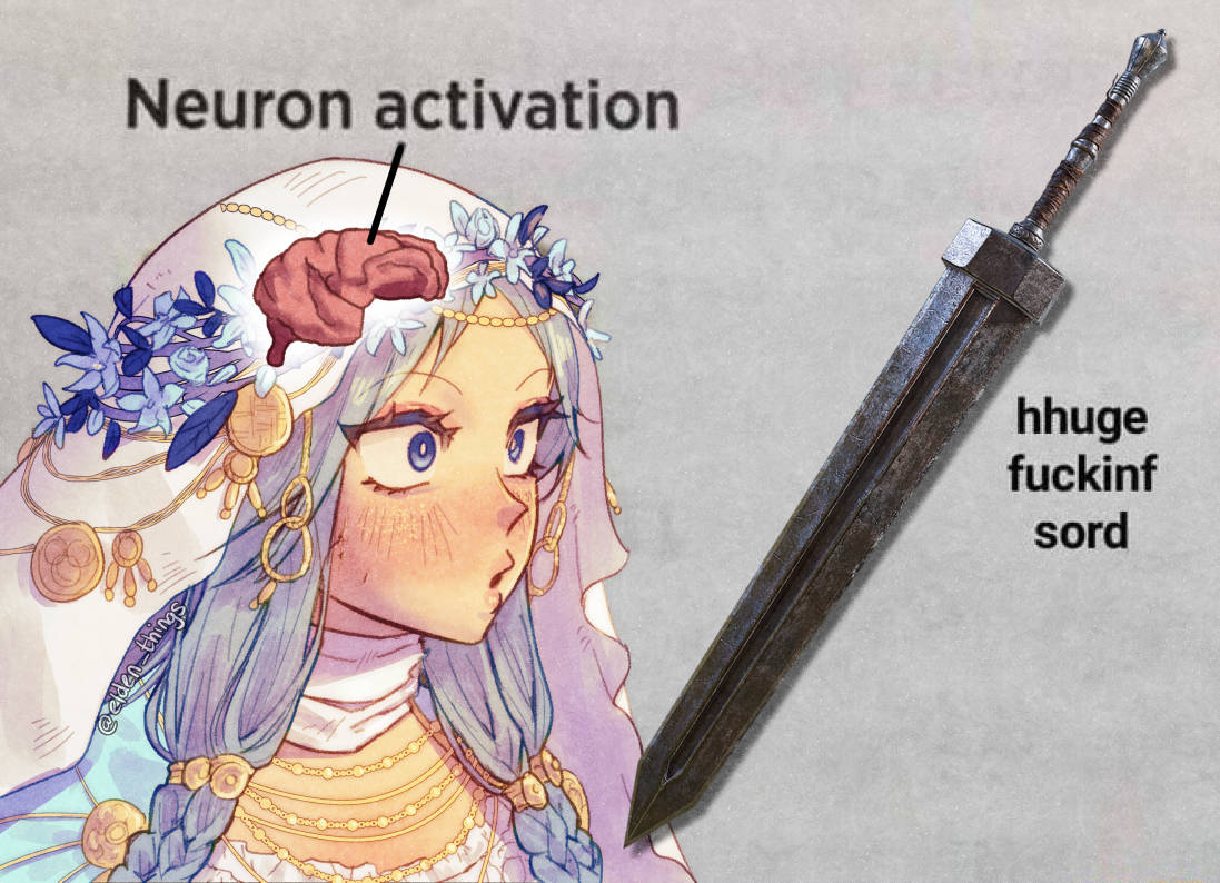blue_cape, blue_eyes, blue_hair, braid, brain, cape, cropped_shoulders, dress, elden_ring, elden_ring_nightreign, elden_things, english_text, flower_wreath, gold_trim, head_wreath, huge_weapon, jewelry, looking_at_object, low_twin_braids, meme, neuron_activation_(meme), revenant_(elden_ring), signature, solo, sword, twin_braids, veil, weapon, white_dress, white_veil, x-ray