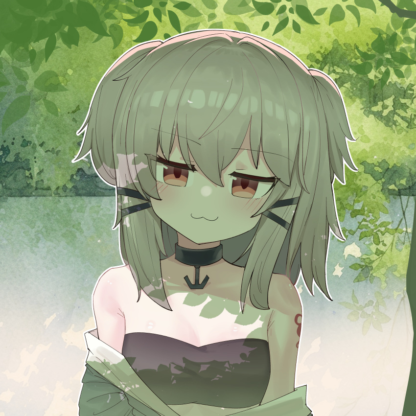 1girl, absurdres, coat, exhex_(hexieshizhe), green_background, grey_hair, half-closed_eye, highres
