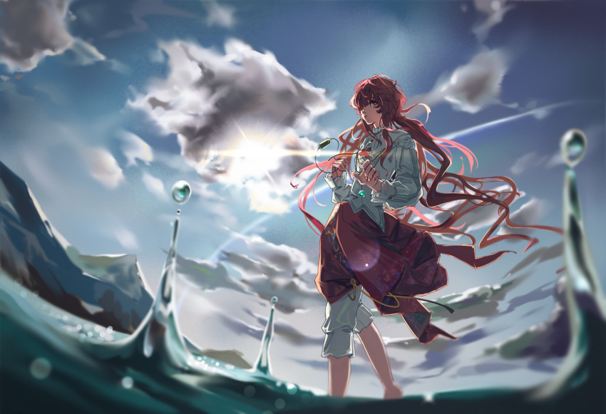 1girl, blue_eyes, blue_sky, clouds, cloudy_sky, day, feet_out_of_frame, fisheye, floating_hair, from_below, from_side, hair_over_one_eye, highres, lens_flare, long_hair, low_twintails, luojia_ying, mountain, one_eye_covered, outdoors, pants, pants_under_skirt, red_hair, red_skirt, reverse:1999, shirt, skirt, sky, soaking_feet, solo, sun, twintails, very_long_hair, water, water_drop, white_pants, white_shirt, yenisei_(reverse:1999)