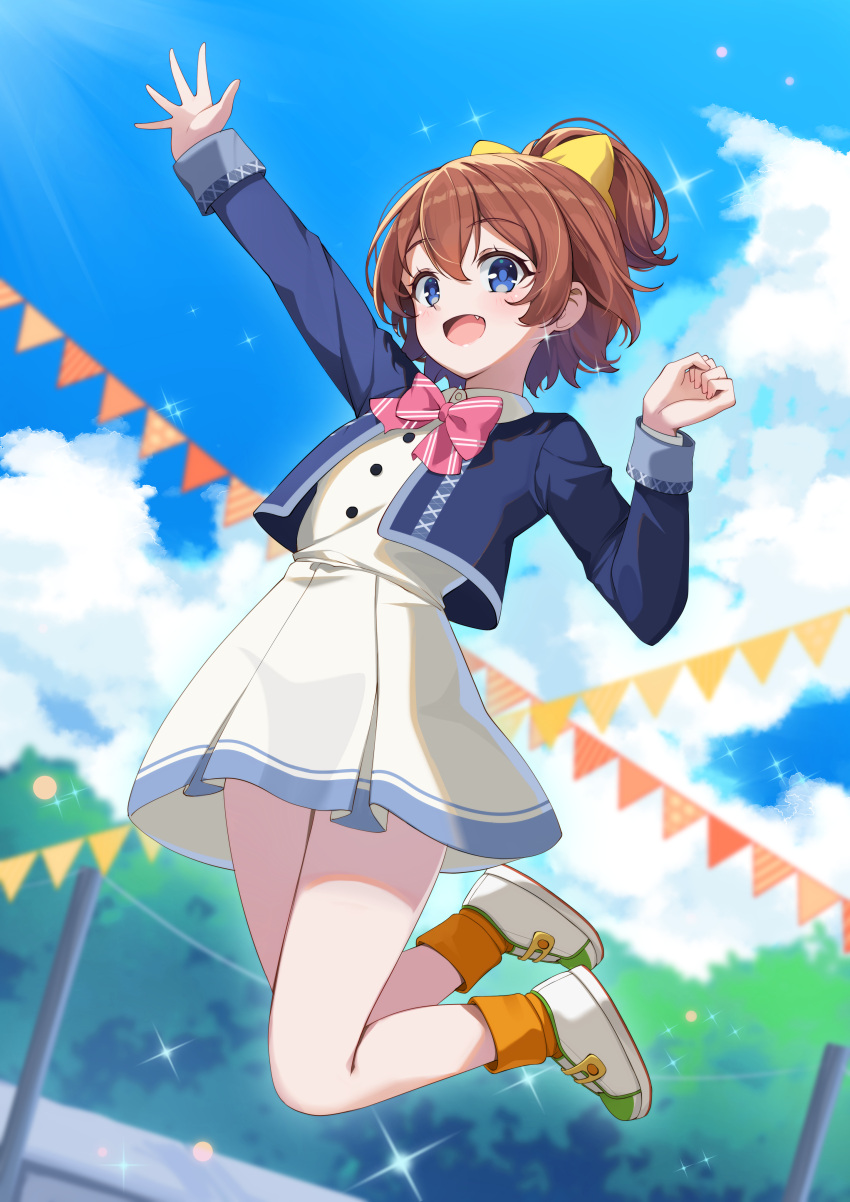 1girl, :d, absurdres, arm_up, blue_eyes, blue_jacket, blue_sky, blush