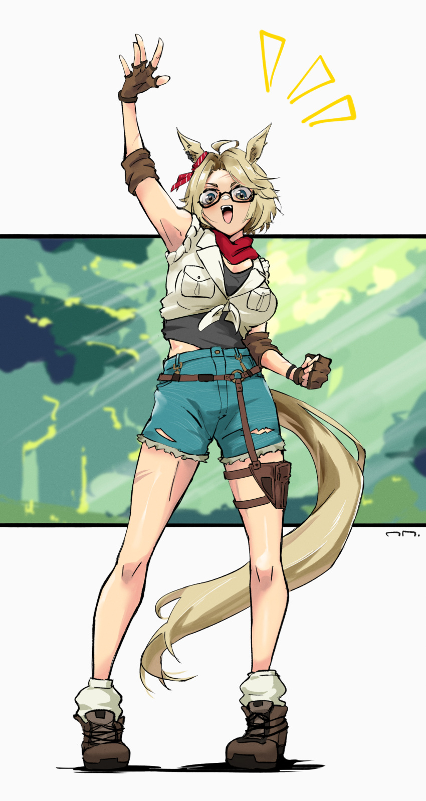 1girl, absurdres, animal_ears, armpits, bandaid, bandaid_on_face, bandaid_on_nose, black_undershirt
