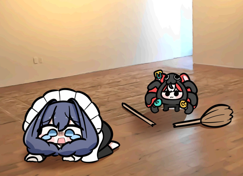 2girls, animal_ears, blue_eyes, blue_hair, broom, bug, chibi, dress
