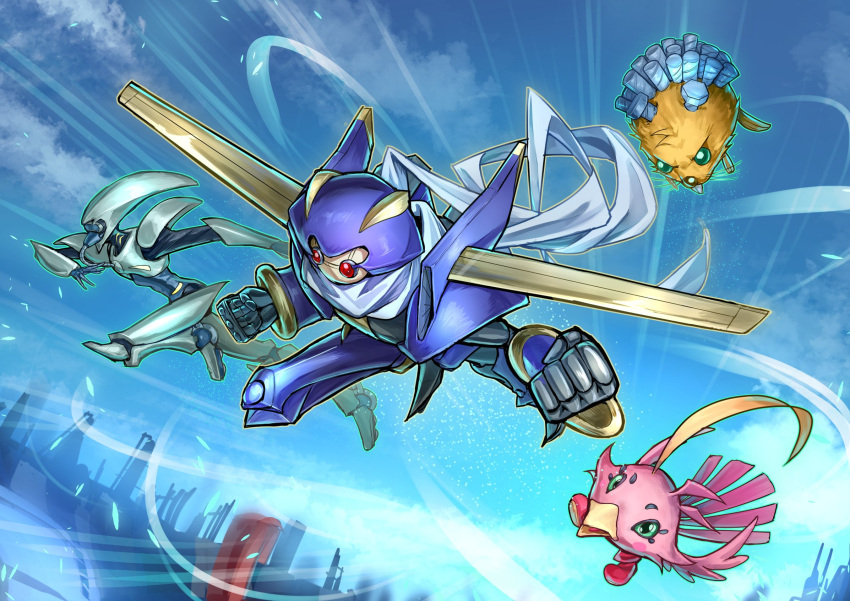 2boys, armor, beak, bird, blue_armor, body_fur, brown_fur, clenched_hands