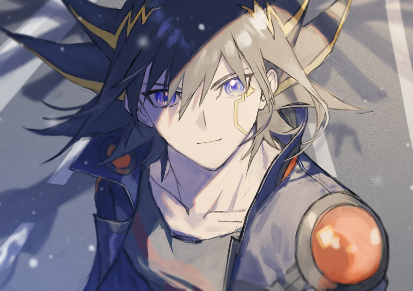 1boy, black_hair, black_shirt, blonde_hair, blue_jacket, crimson_dragon, ebira, facial_mark