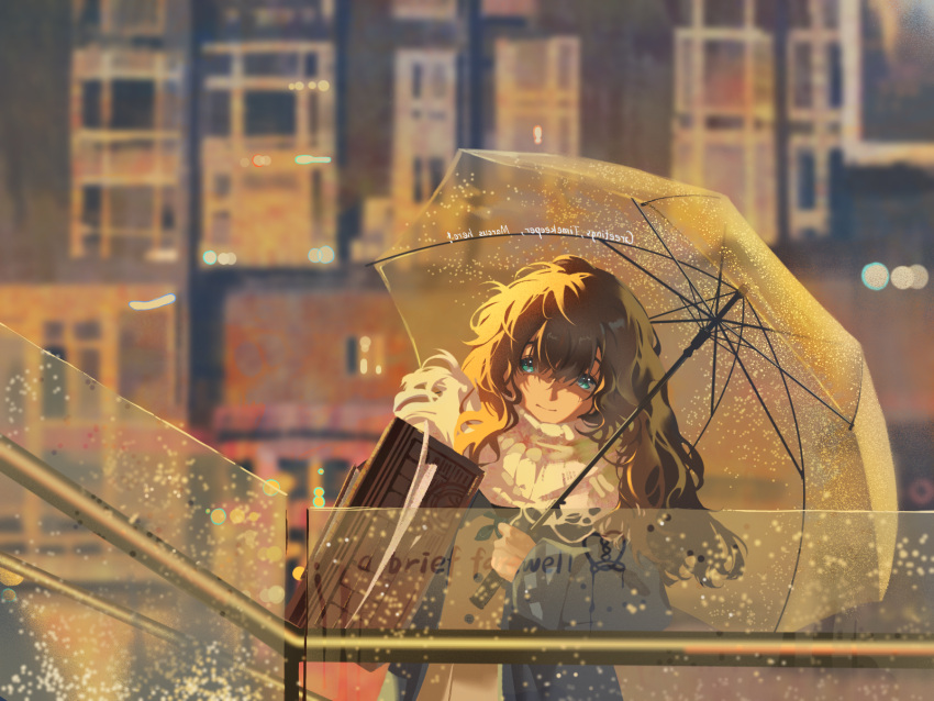 1girl, blue_coat, blue_eyes, blurry, blurry_background, brown_hair, building, carrying, carrying_under_arm, closed_mouth, coat, fogged_glasses, glass_writing, highres, hofmann_knot, holding, holding_suitcase, holding_umbrella, long_hair, long_sleeves, luojia_ying, marcus_(reverse:1999), reverse:1999, scarf, smile, solo, suitcase, transparent, transparent_umbrella, umbrella, upper_body, white_scarf