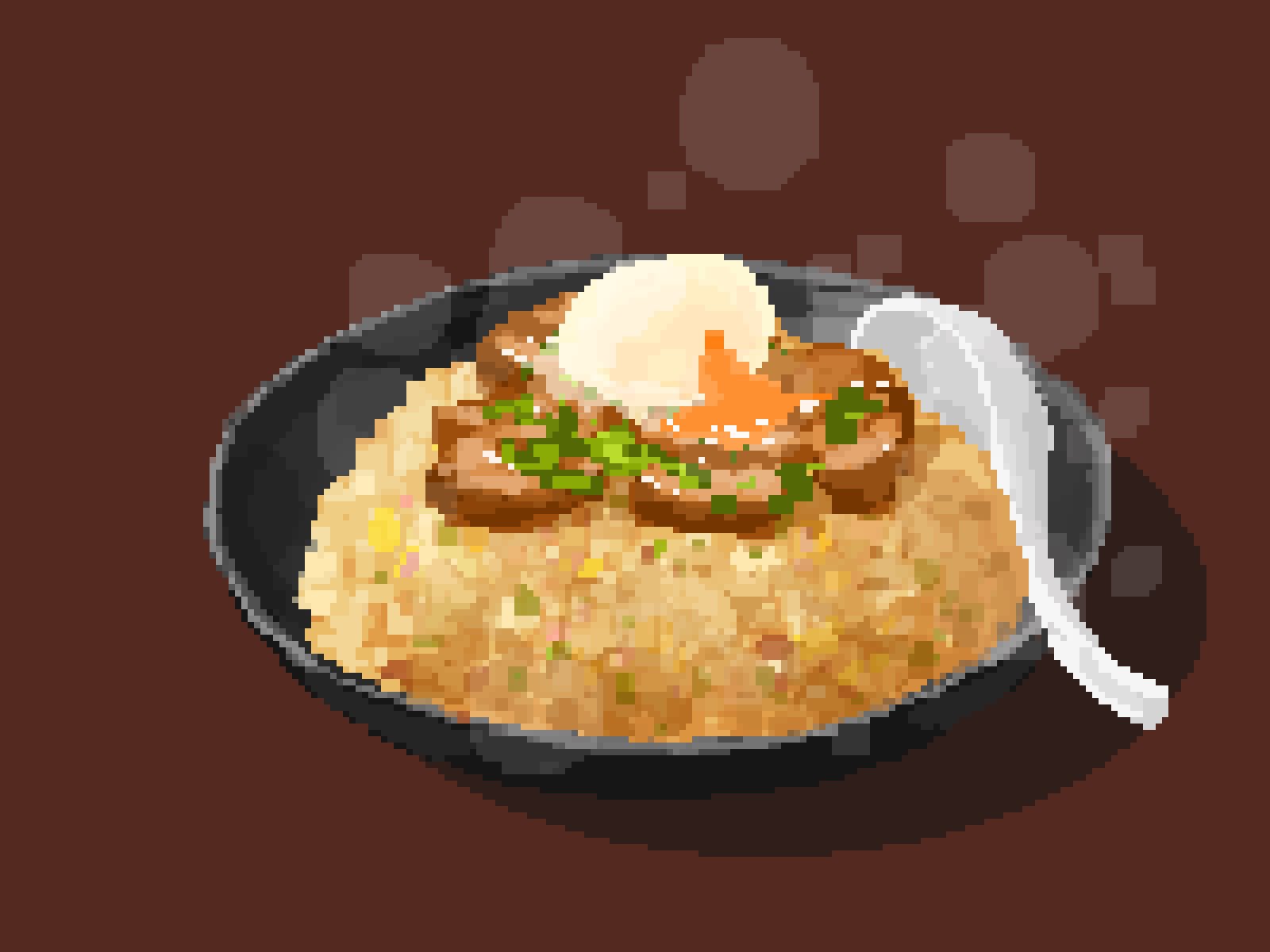 bowl, brown_background, egg_yolk, filet, food, food_focus, fried_rice, highres