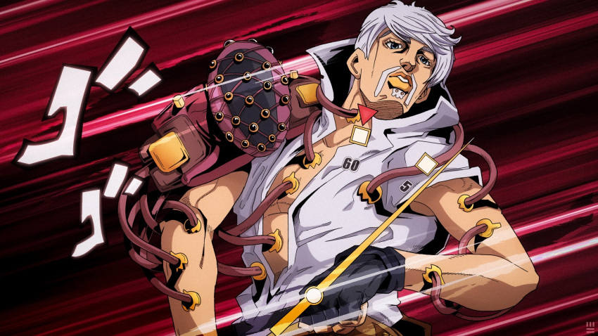 1boy, 1other, araki_hirohiko_(style), beard, black_gloves, comic_panel_redraw, derivative_work, efrenrostran