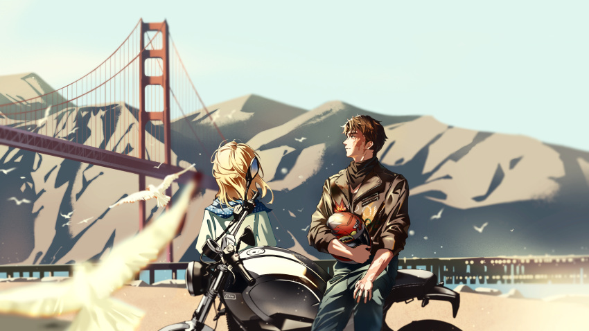 1boy, 1girl, bird, black_hair, black_jacket, black_neckerchief, blonde_hair, blue_pants