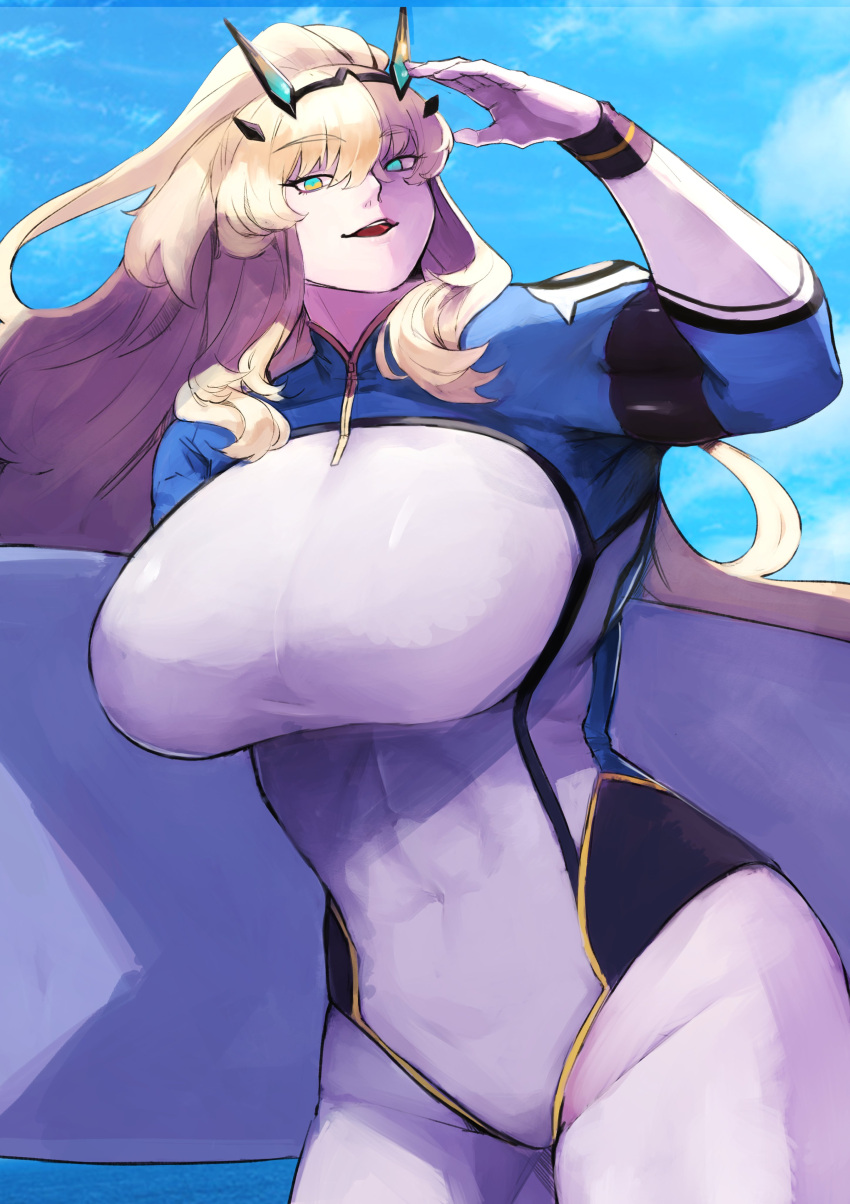 absurdres, barghest_(fate), barghest_(over_the_same_sky)_(fate), blonde_hair, blue_eyes, bracelet, breasts, fate/grand_order, fate_(series), gumi_(the_eye_of_darkness), hair_between_eyes, hand_up, heterochromia, highleg, highleg_one-piece_swimsuit, highres, horns, huge_breasts, jewelry, long_hair, one-piece_swimsuit, open_mouth, orange_eyes, swimsuit, thick_thighs, thighs, wide_hips, zipper
