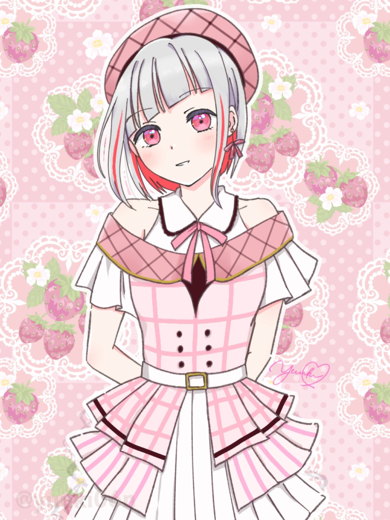 1girl, alt_text, alternate_costume, collared_shirt, commentary_request, cowboy_shot, dress, food-themed_background