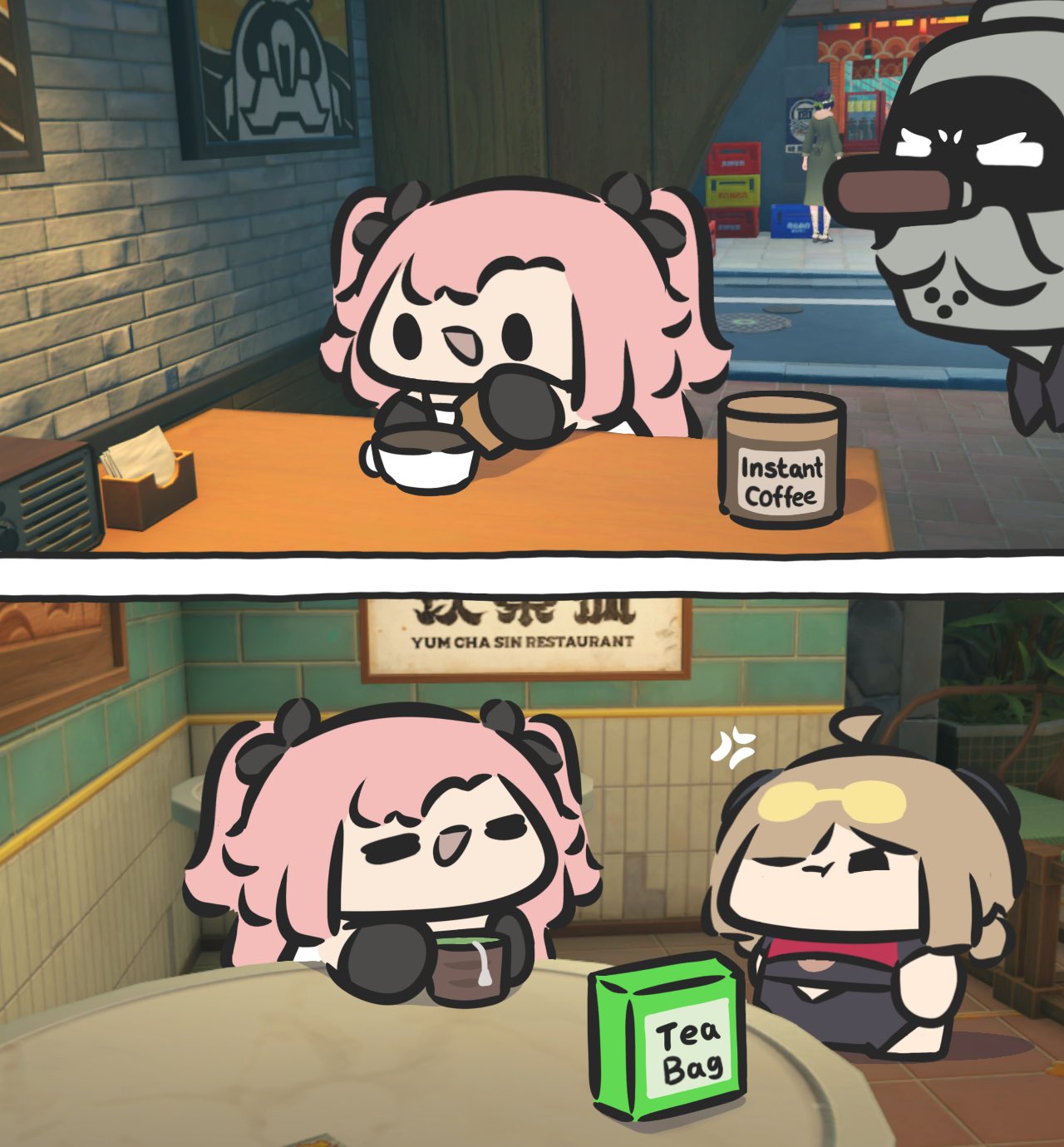 1boy, 3girls, anger_vein, angry, cafe, chibi, chinese_text, closed_eyes, coffee, coffee_mug, cup, drink, english_text, game_screenshot_background, green_tea, highres, holding, holding_cup, mug, multiple_girls, nicole_demara, pout, robot, screenshot_background, superappleman, sweety_(zenless_zone_zero), table, tea, teabag, teacup, tin_master_(zenless_zone_zero), zenless_zone_zero