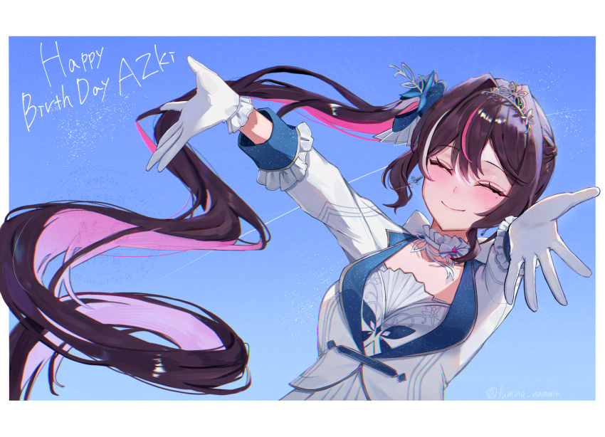 1girl, ^_^, armband, azki_(dress)_(hololive), azki_(hololive), black_hair, blue_background, blue_sky