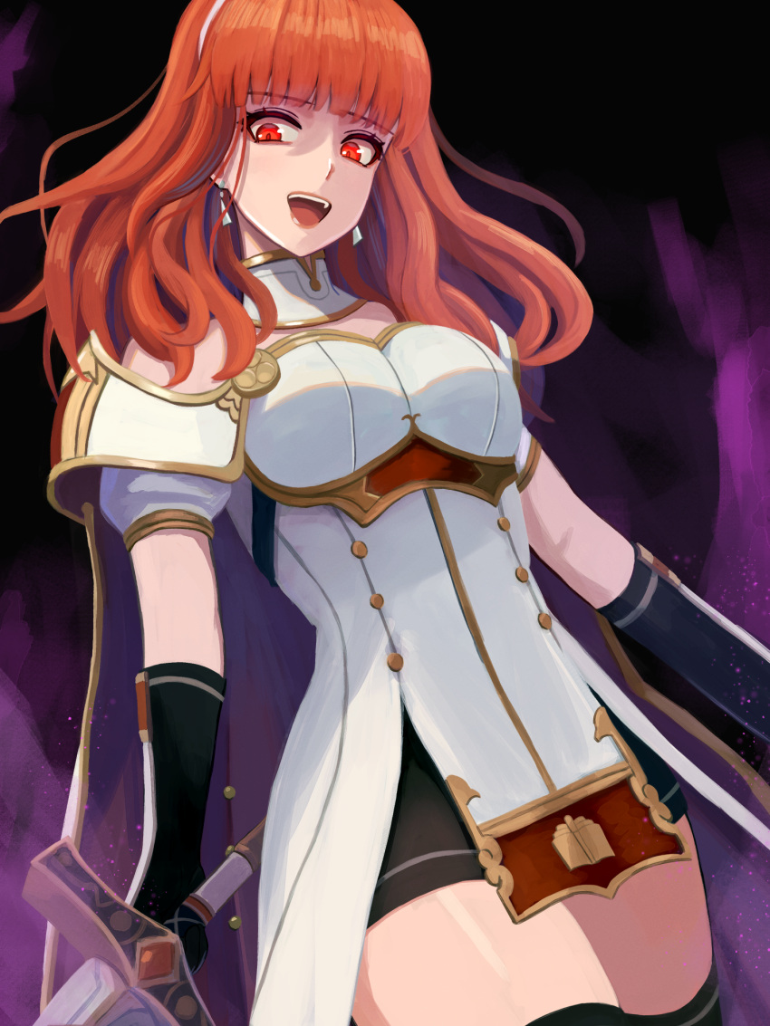 1girl, armor, aura, black_gloves, black_skirt, black_thighhighs, breastplate, breasts, cape, celica_(fire_emblem), celica_(imprisoned_soul)_(fire_emblem), choker, dark_aura, dress, earrings, evil_smile, fingerless_gloves, fire_emblem, fire_emblem_echoes:_shadows_of_valentia, fire_emblem_heroes, gloves, highres, holding, holding_sword, holding_weapon, jewelry, labebebe_lee, long_hair, medium_breasts, orange_eyes, orange_hair, princess, red_eyes, red_hair, skirt, smile, solo, sword, thigh-highs, thighs, tiara, weapon, white_armor, white_dress, witch