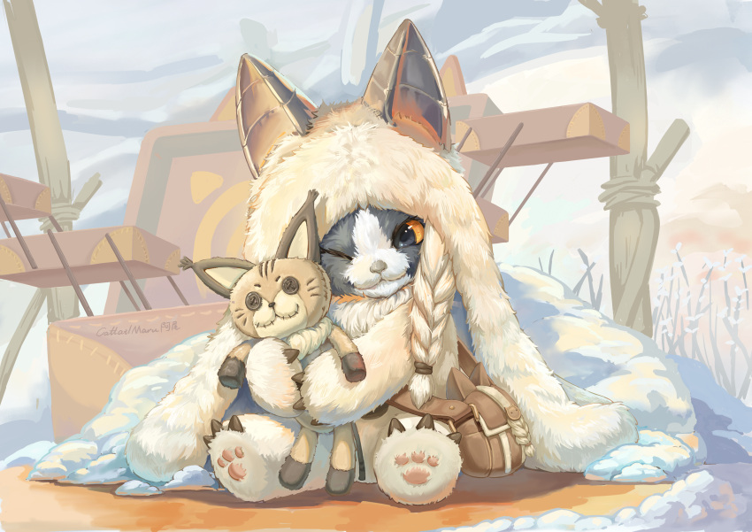 1other, absurdres, animal_ears, animal_feet, banbaro_(palico_armor), braid, bugtrapper, cat_ears, cattailmaru, character_doll, chibikemo, claws, commentary, doll, english_commentary, felyne, fluffy, fur_trim, furry, grey_fur, grimalkyne, highres, holding, hood, monster_hunter:_world, monster_hunter_(series), monster_hunter_world:_iceborne, one_eye_closed, orange_eyes, other_focus, outdoors, pawpads, player_palico, pouch, sitting, smile, snow, solo