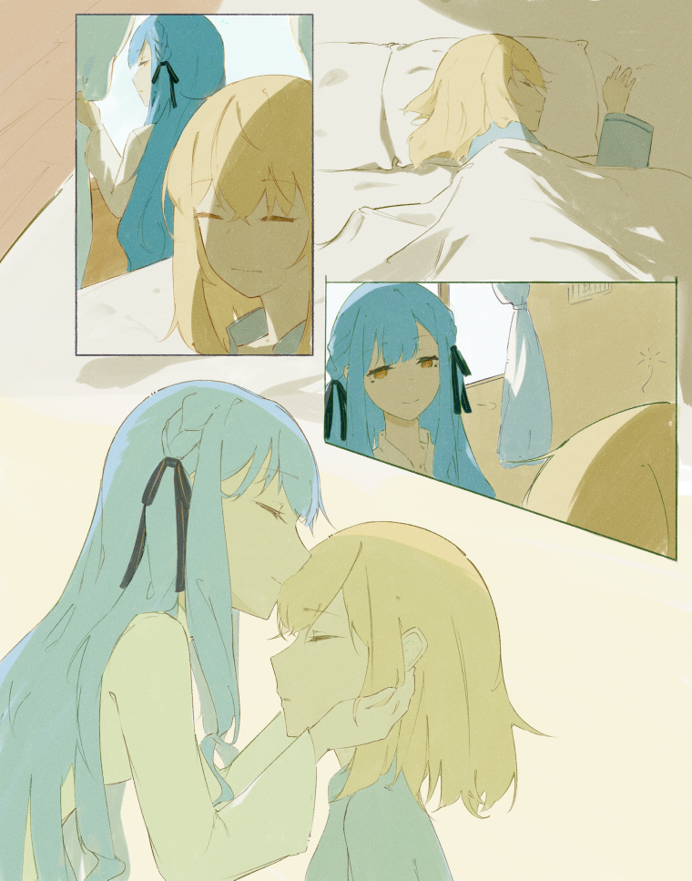 2girls, bang_dream!, bang_dream!_it's_mygo!!!!!, black_ribbon, blonde_hair, blue_hair, commentary, hair_ribbon