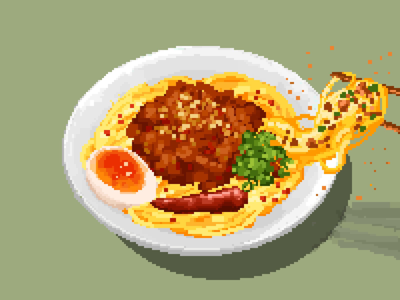 chili_pepper, chopsticks, cup, food, food_focus, green_background, heimuer, highres, hisachan55cute, katsu_(food), no_humans, noodles, original, pixel_art, ramen, scenery, simple_background, softboiled_egg