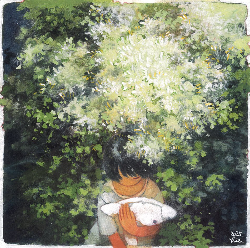 1girl, black_hair, border, branch, closed_eyes, face_in_shadow, hgreeee, holding