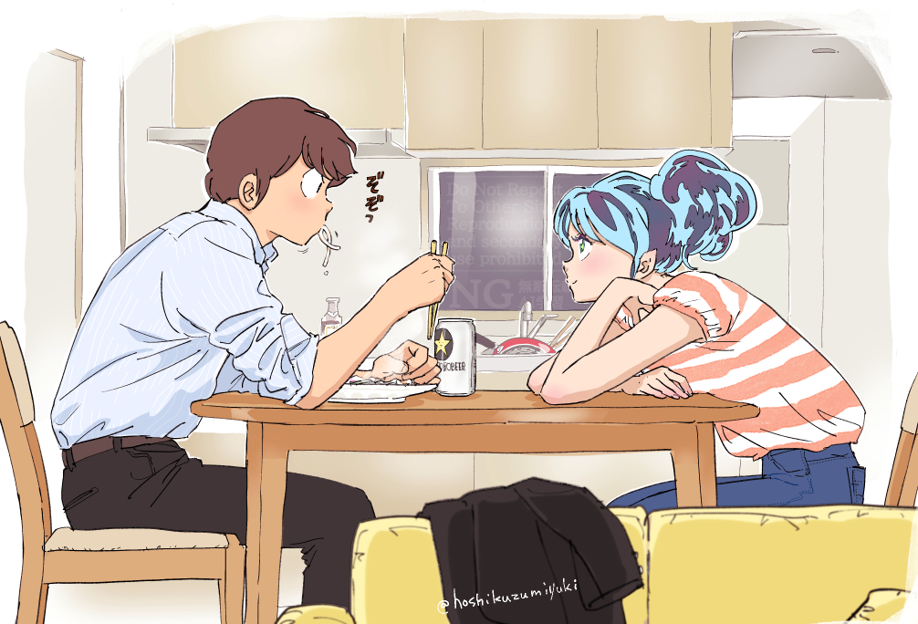 1boy, 1girl, aged_up, beer_can, black_pants, blue_hair, blue_pants, brown_hair