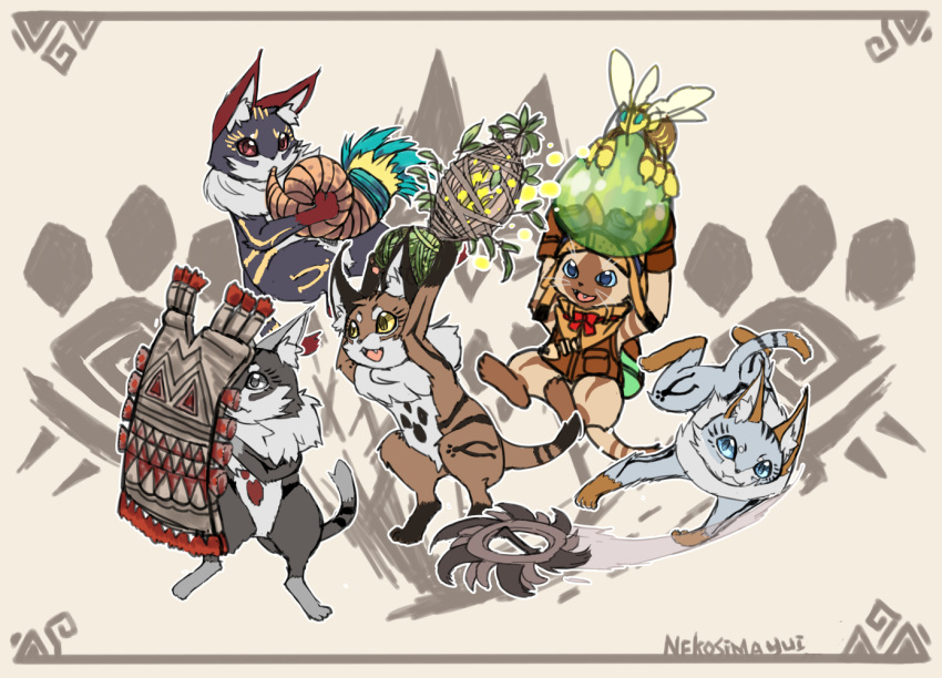 5others, animal_ear_fluff, animal_ears, animal_hands, animal_legs, black_fur, blue_eyes, brown_fur, bugtrapper, cat, cat_ears, cat_tail, colorpoint, commentary, digitigrade, felyne, furry, grimalkyne, holding, holding_shield, jumping, leather_(palico_armor), lynx, monster_hunter:_world, monster_hunter_(series), multiple_others, nekoshima_yui, other_focus, player_palico, plounderer, protector_(monster_hunter), shield, siamese_cat, tail, trouper