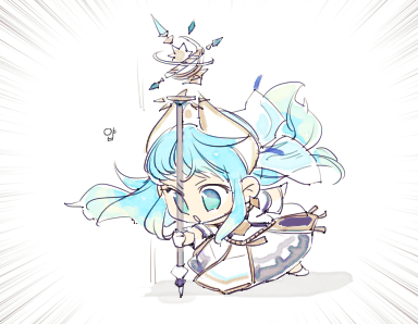 blue_hair, chibi, emphasis_lines, etain_(mabinogi), gloves, holding, holding_wand, holding_weapon