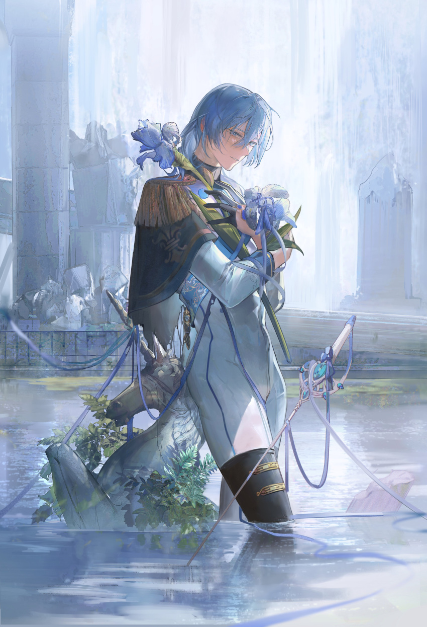 1boy, absurdres, black_boots, black_capelet, black_gloves, blue_eyes, blue_flower, blue_gemstone