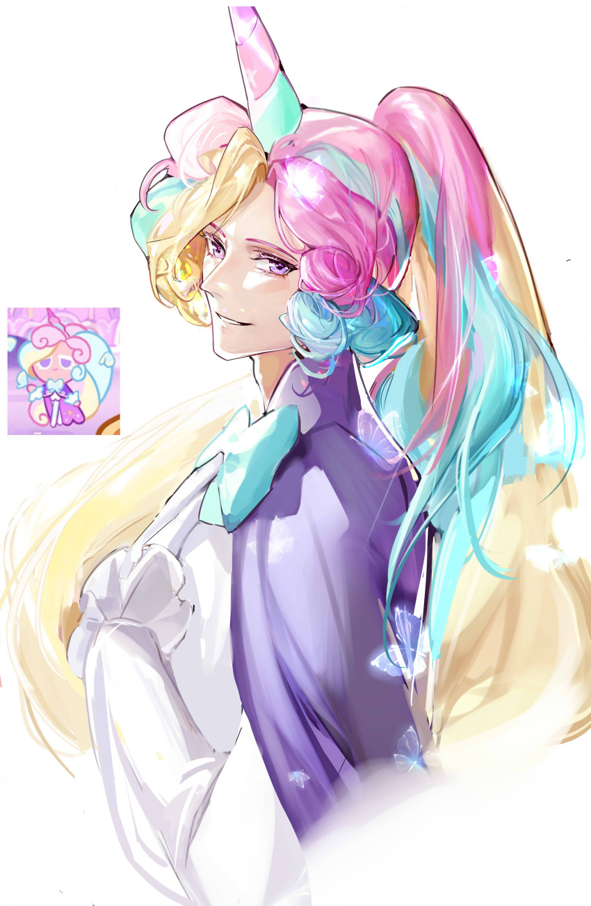 1other, absurdres, androgynous, aqua_bow, aqua_bowtie, aqua_hair, blonde_hair, bow