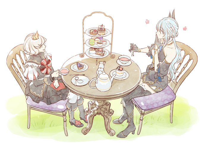 2girls, bare_shoulders, cake, cup, eremon_(mabinogi), etain_(mabinogi), flower, food