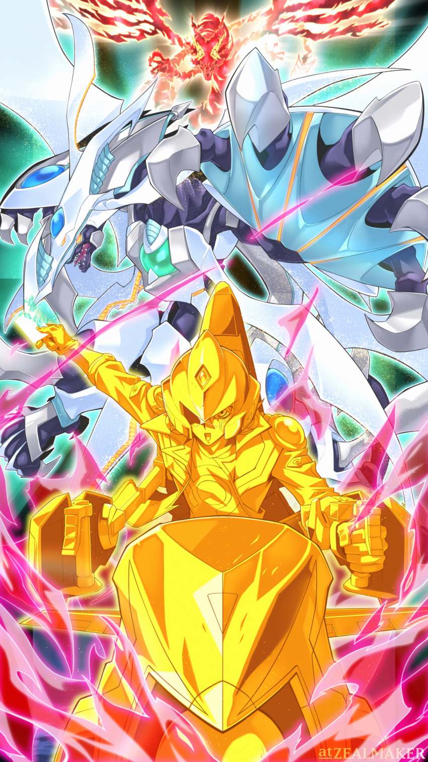1boy, 2others, absurdres, artist_name, claws, cosmic_quasar_dragon, crimson_dragon, d-wheel