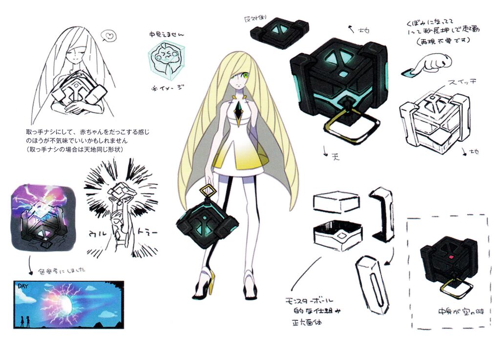 1girl, black_leggings, blonde_hair, concept_art, containment_unit, cosmog, crate, dress, green_eyes, hair_over_one_eye, leggings, long_hair, looking_at_viewer, lusamine_(pokemon), mature_female, official_art, pointing_out_the_details, pokemon, pokemon_sm, sleeveless, very_long_hair, white_dress, white_leggings
