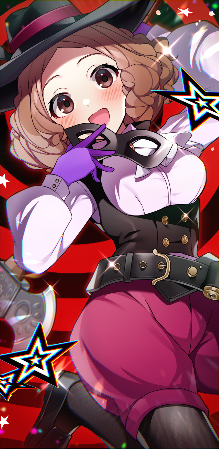 1girl, ascot, axe, belt, black_hat, black_mask, black_pantyhose, black_shoes