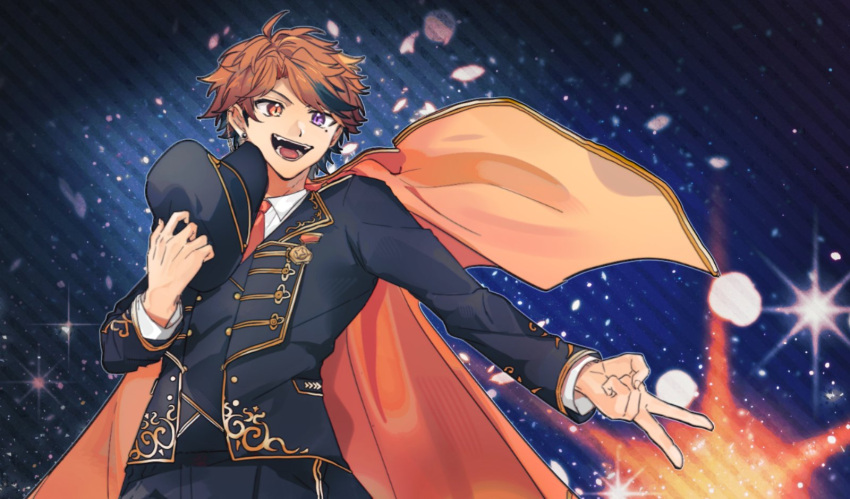 1boy, :d, ahoge, black_hair, black_hat, black_jacket, black_pants, black_vest, cape, collared_shirt, curtained_hair, fang, hat, heterochromia, highres, holding, holding_unworn_clothes, holding_unworn_hat, holostars, holostars_idol_uniform_(2nd_act), idol_clothes, jacket, kandzue_pengin, lapels, long_sleeves, looking_at_viewer, male_focus, medal, mole, mole_under_eye, multicolored_hair, necktie, official_alternate_costume, orange_cape, orange_eyes, orange_hair, orange_necktie, outstretched_arm, pants, peaked_cap, shirt, short_hair, sky, smile, solo, star_(sky), starry_sky, streaked_hair, swept_bangs, unworn_hat, unworn_headwear, upper_body, v, vest, violet_eyes, virtual_youtuber, white_shirt, yukoku_roberu