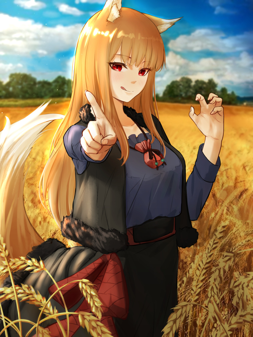 1girl, :p, absurdres, animal_ear_fluff, animal_ears, black_skirt, black_vest, blue_shirt, blue_sky, brown_hair, closed_mouth, clouds, cloudy_sky, dsru, fur-trimmed_skirt, fur-trimmed_vest, fur_trim, hand_up, highres, holo, index_finger_raised, long_hair, long_sleeves, looking_at_viewer, outdoors, pouch, red_eyes, shirt, sidelocks, skirt, sky, smile, solo, spice_and_wolf, tail, tongue, tongue_out, vest, wheat, wheat_field, wolf_ears, wolf_girl, wolf_tail