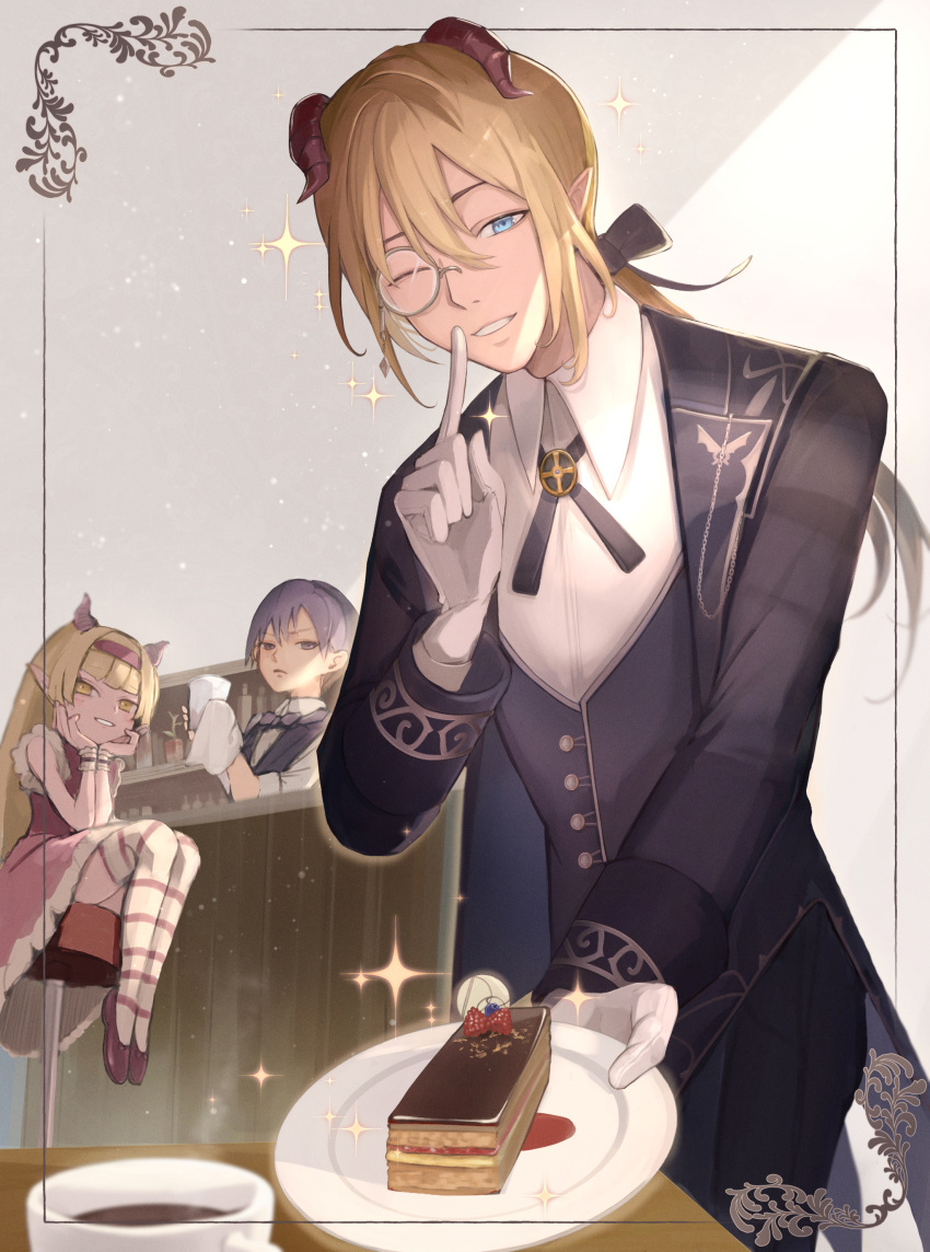 1girl, 2boys, absurdres, androgynous, azbar_(dragon_quest), banno_watari, bartender, black_bow