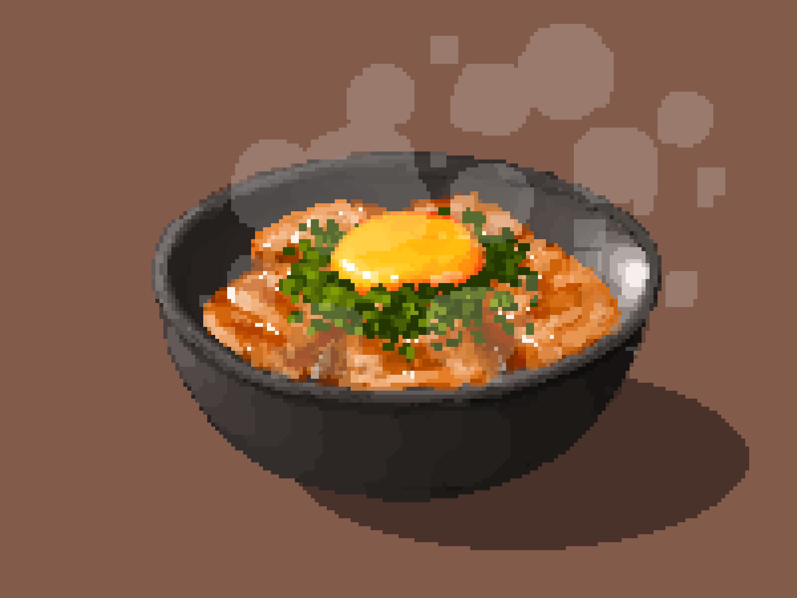 beef, bowl, brown_background, egg_yolk, filet, food, food_focus, gyuudon