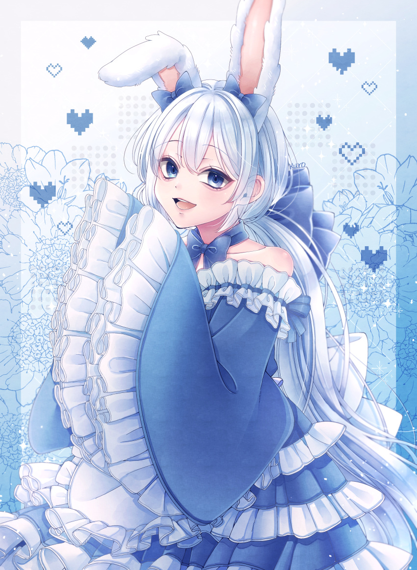 1boy, :d, absurdres, aegyo_sal, androgynous, animal_ears, aqua_background, blue_background