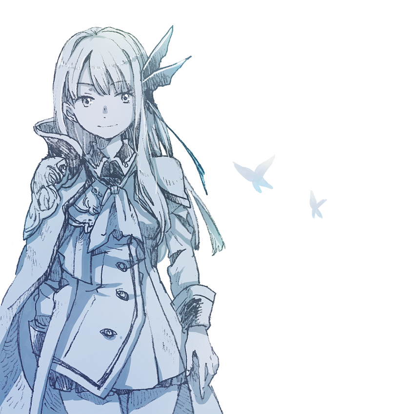 1girl, another_eden, armor, arms_at_sides, ascot, blue_theme, bug, butterfly, butterfly_hair_ornament, cape, closed_mouth, commentary_request, cowboy_shot, hair_ornament, hatching_(texture), isuka_(another_eden), jacket, linear_hatching, long_hair, long_sleeves, looking_at_viewer, michibata_65, miniskirt, monochrome, pauldrons, pleated_skirt, shoulder_armor, simple_background, single_pauldron, single_sidelock, skirt, smile, solo, standing, straight-on, swept_bangs, white_background