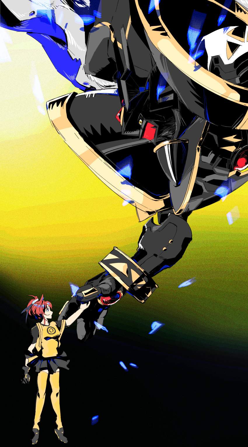 1girl, absurdres, aiba_ami, alphamon, armor, black_armor, black_helmet, black_shirt, black_skirt, blue_eyes, dawu233, digimon, digimon_(creature), digimon_story:_cyber_sleuth, helmet, highres, knight, miniskirt, pleated_skirt, red_hair, shirt, side_ponytail, skirt, standing, two-tone_shirt, yellow_eyes, yellow_shirt