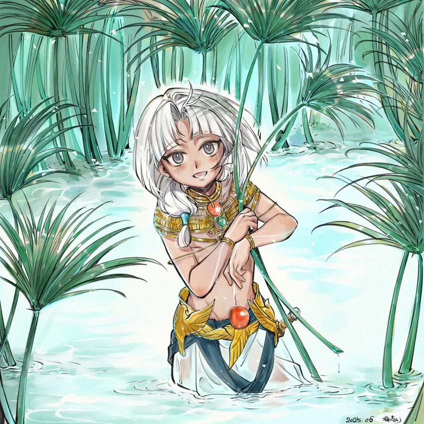 1boy, absurdres, ahoge, bracelet, dark-skinned_male, dark_skin, dated, fate/grand_order, fate_(series), grey_eyes, grey_hair, highres, jewelry, long_hair, male_focus, no_headwear, scarab, signature, tutankhamun_(fate), wading, water, wet, yxf68586108