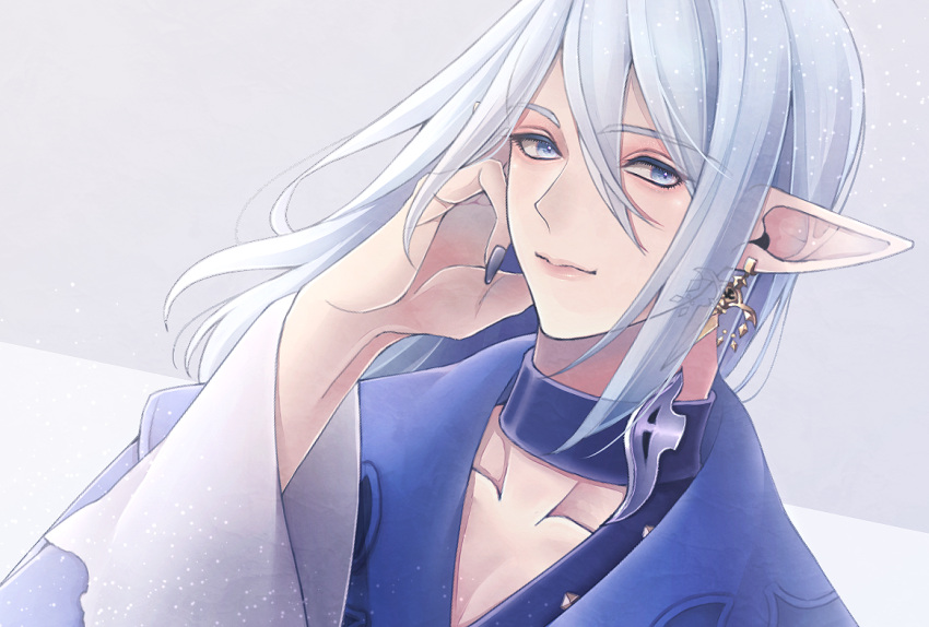 1boy, androgynous, blue_choker, blue_eyes, blue_nails, blue_shirt, blue_theme, choker