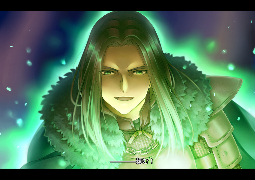 1boy, :d, armor, black_border, blue_background, border, brown_hair, cape