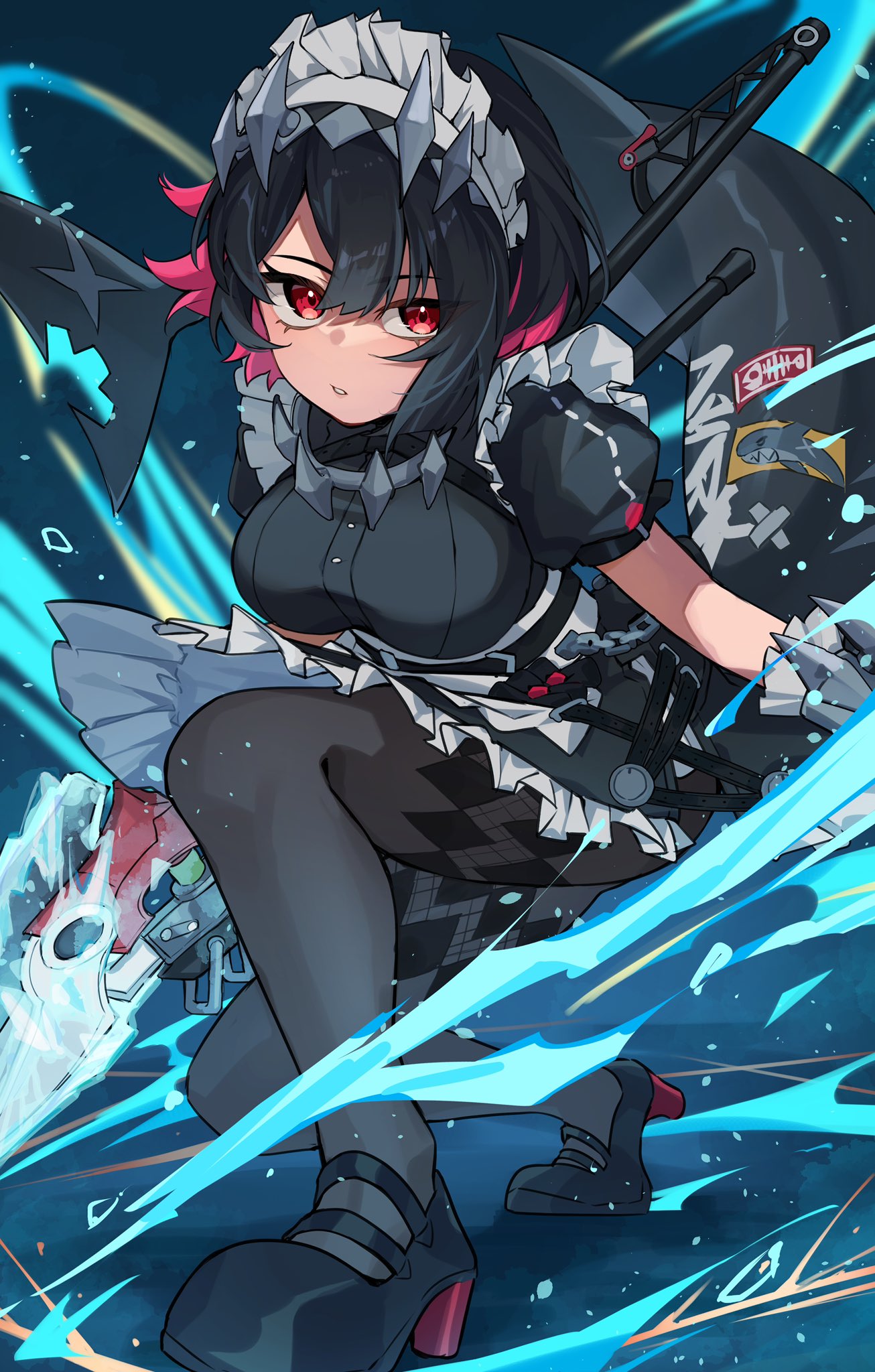 1girl, black_dress, black_hair, black_pantyhose, chawarabi, colored_inner_hair, dress, ellen_joe