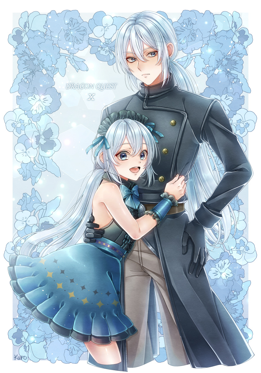 2boys, :d, absurdres, androgynous, aqua_dress, aqua_eyes, black_coat, black_dress