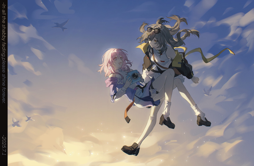 2girls, absurdres, belt, black_jacket, black_shoes, blue_eyes, blue_jacket, blue_skirt, camera, chinese_commentary, commentary_request, dated, dress, english_text, eyewear_on_head, flower_ornament, full_body, gradient_clothes, gradient_jacket, grey_hair, highres, holding, holding_camera, honkai:_star_rail, honkai_(series), jacket, layered_skirt, loafers, looking_at_another, march_7th_(feast)_(honkai:_star_rail), march_7th_(honkai:_star_rail), medium_hair, miniskirt, multicolored_eyes, multiple_girls, official_alternate_costume, pink_belt, pink_eyes, pink_hair, pink_jacket, pink_skirt, qingxinguayu., shirt, shoes, skirt, sleeveless, smile, socks, stelle_(honkai:_star_rail), stelle_(world_tour_2023)_(honkai:_star_rail), sunglasses, thigh_strap, trailblazer_(honkai:_star_rail), turtleneck, turtleneck_shirt, two-sided_fabric, two-sided_jacket, two-tone_eyes, variant_set, white_dress, white_socks, yellow_eyes, yellow_jacket