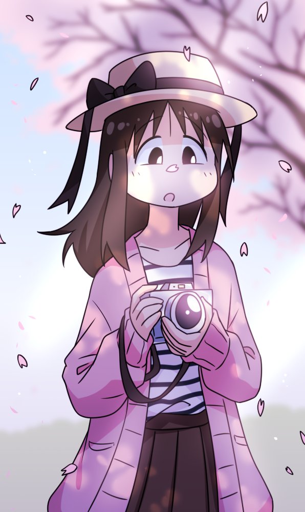 1girl, azumanga_daioh, boater_hat, bow, brown_bow, brown_hair, brown_skirt, camera