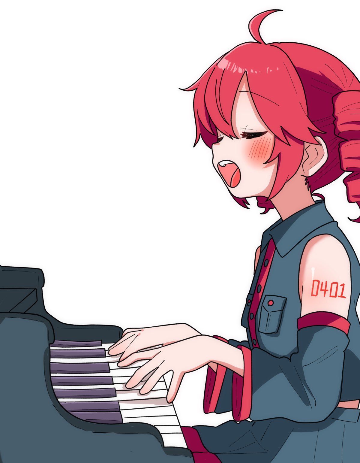 1girl, ahoge, blush, closed_eyes, detached_sleeves, drill_hair, from_side, grey_shirt, grey_skirt, grey_sleeves, haru_maron, highres, instrument, kasane_teto, kasane_teto_(utau), long_sleeves, music, open_mouth, piano, playing_instrument, playing_piano, red_hair, shirt, simple_background, singing, sitting, skirt, sleeveless, sleeveless_shirt, solo, twin_drills, twintails, upper_body, utau, white_background