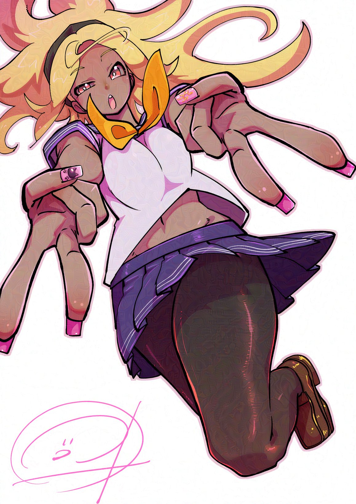 1girl, black_pantyhose, blonde_hair, breasts, dark-skinned_female, dark_skin, fingernails, gravity_daze